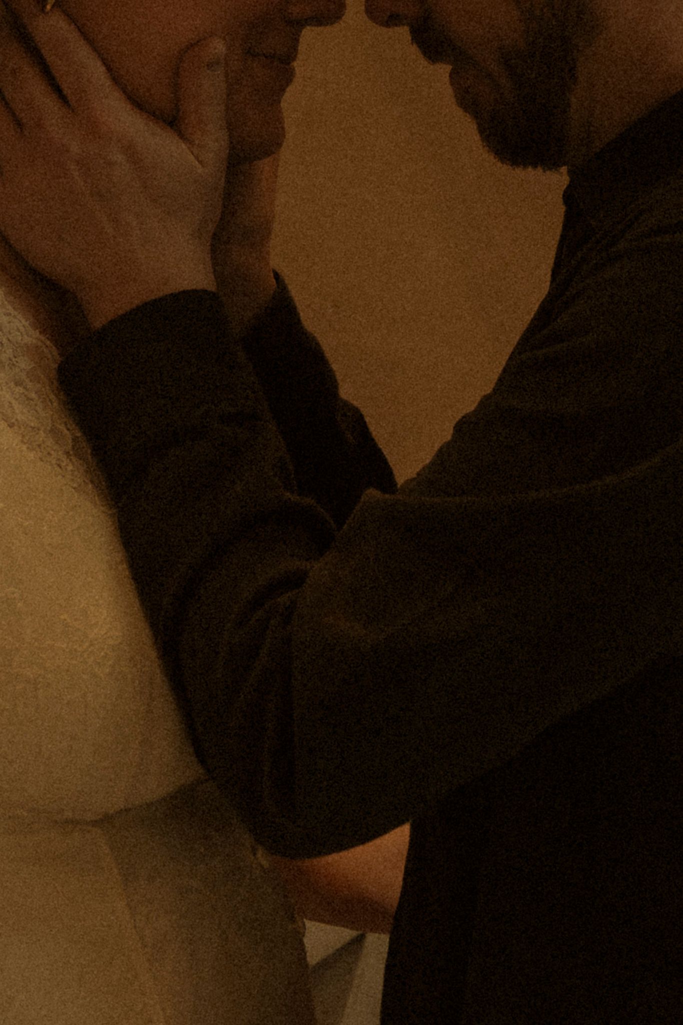 An artistic close-up photograph in sepia tones showing two people in an intimate embrace.