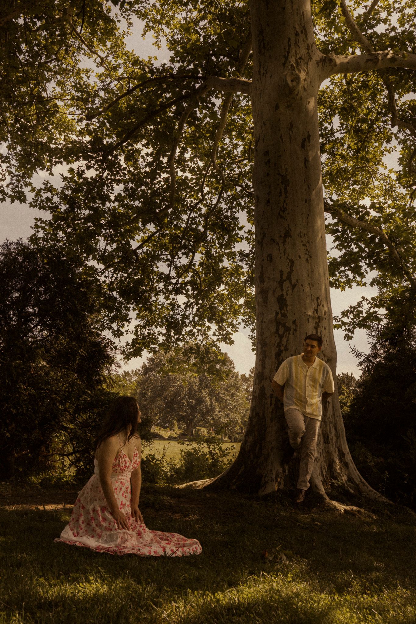 A couple shares a romantic moment under a large tree in a lush green park, woman in pink dress seated on grass.