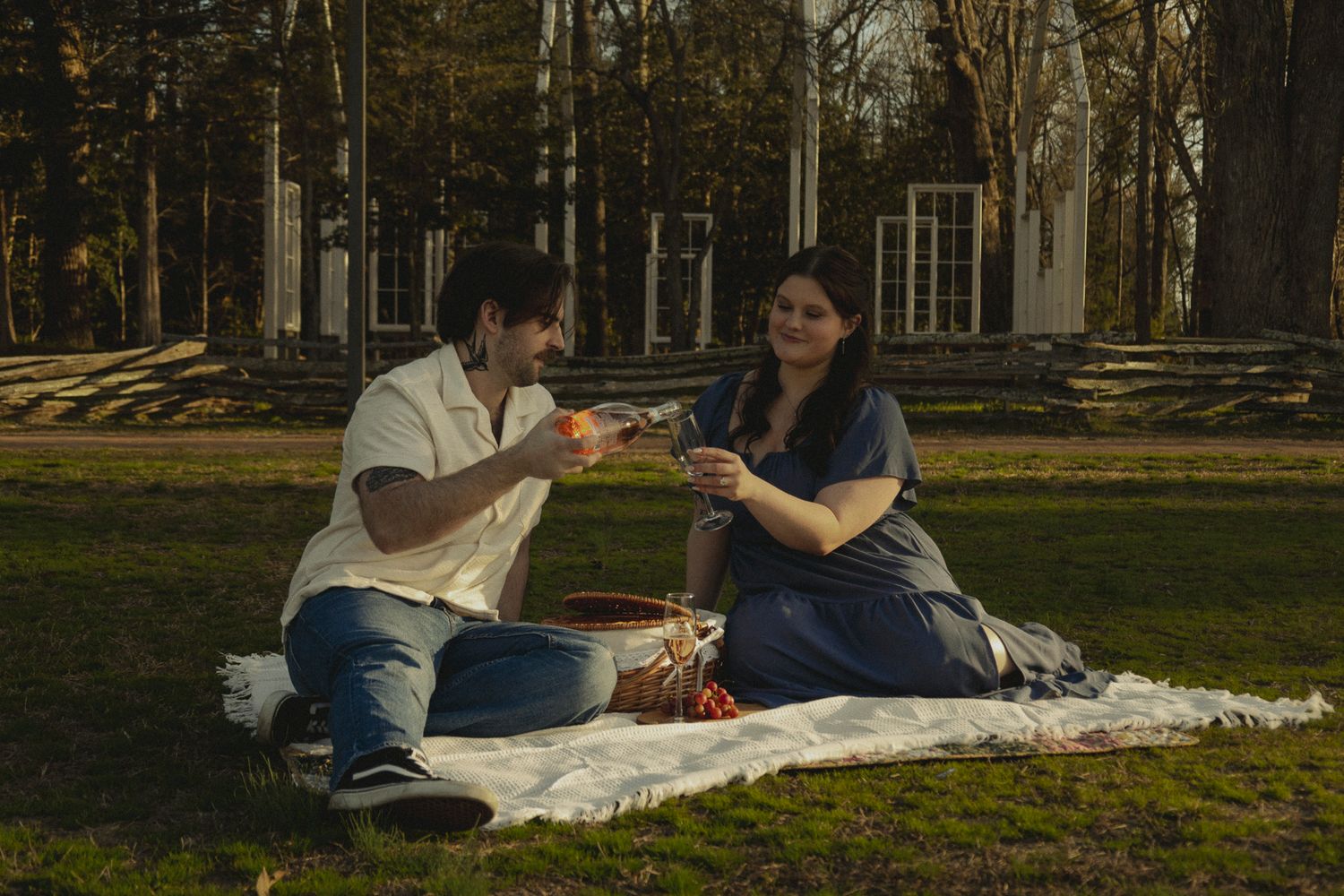 Couple enjoying a romantic outdoor picnic on a blanket, toasting with drinks in a park surrounded by trees.