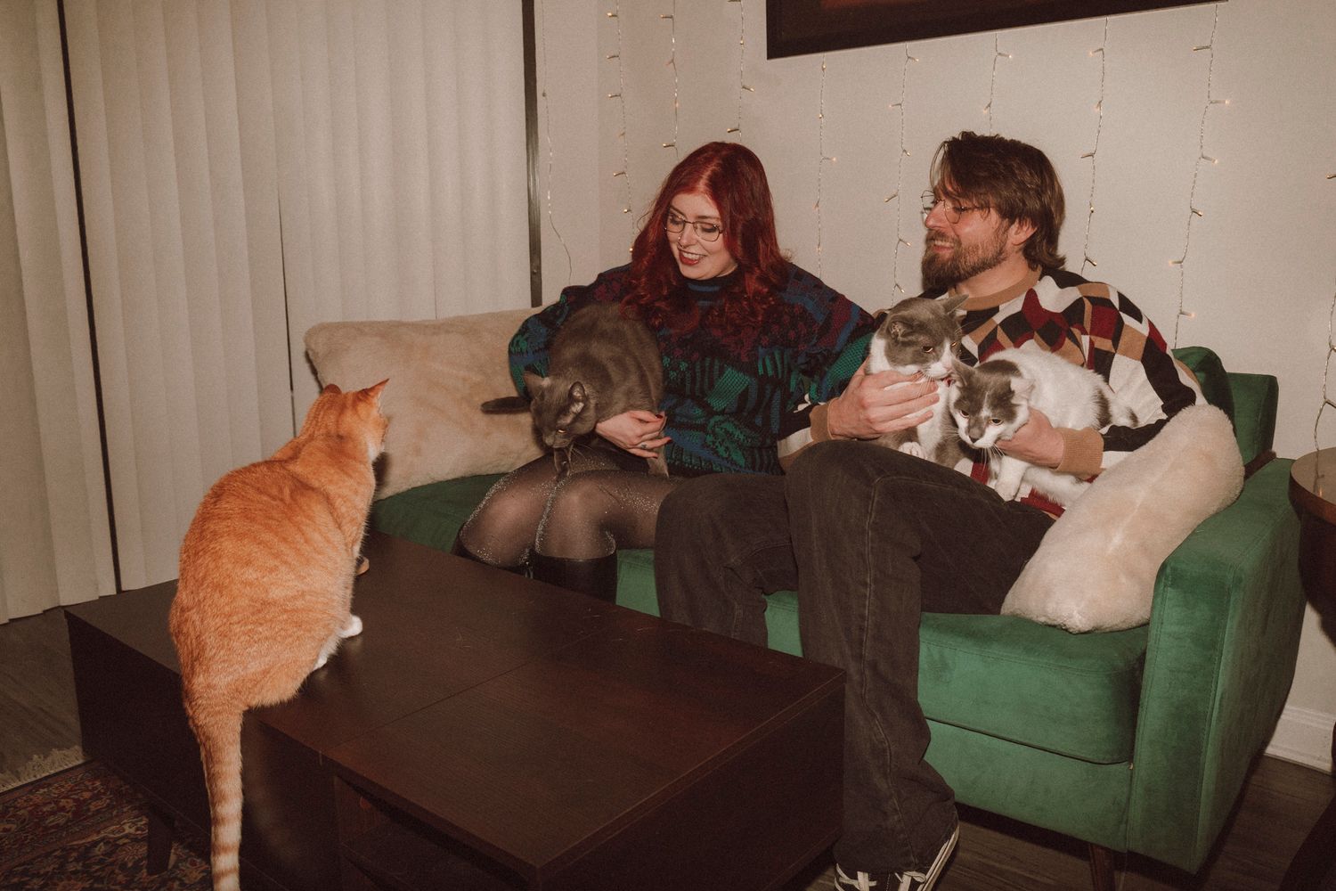 Two people sitting on a green couch with cats, including an orange tabby and grey cat in a cozy living room setting.