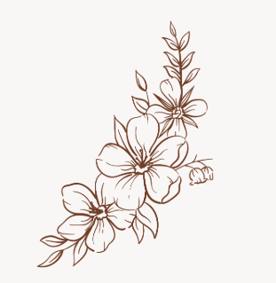 Hand-drawn botanical illustration featuring delicate brown floral elements with flowing petals and leaves.