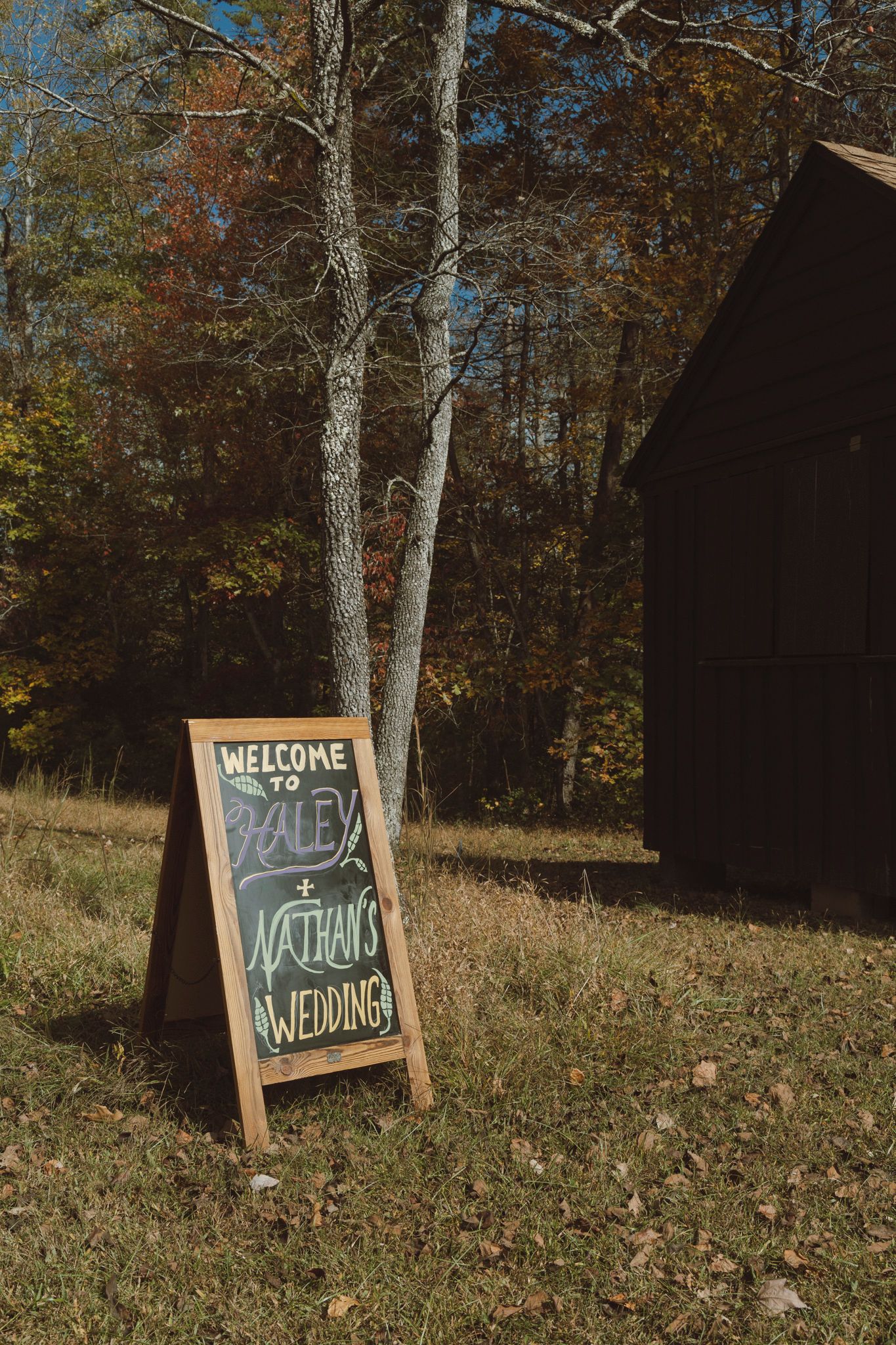 Rustic wooden welcome sign with chalkboard writing displayed on autumn ground with trees in background.