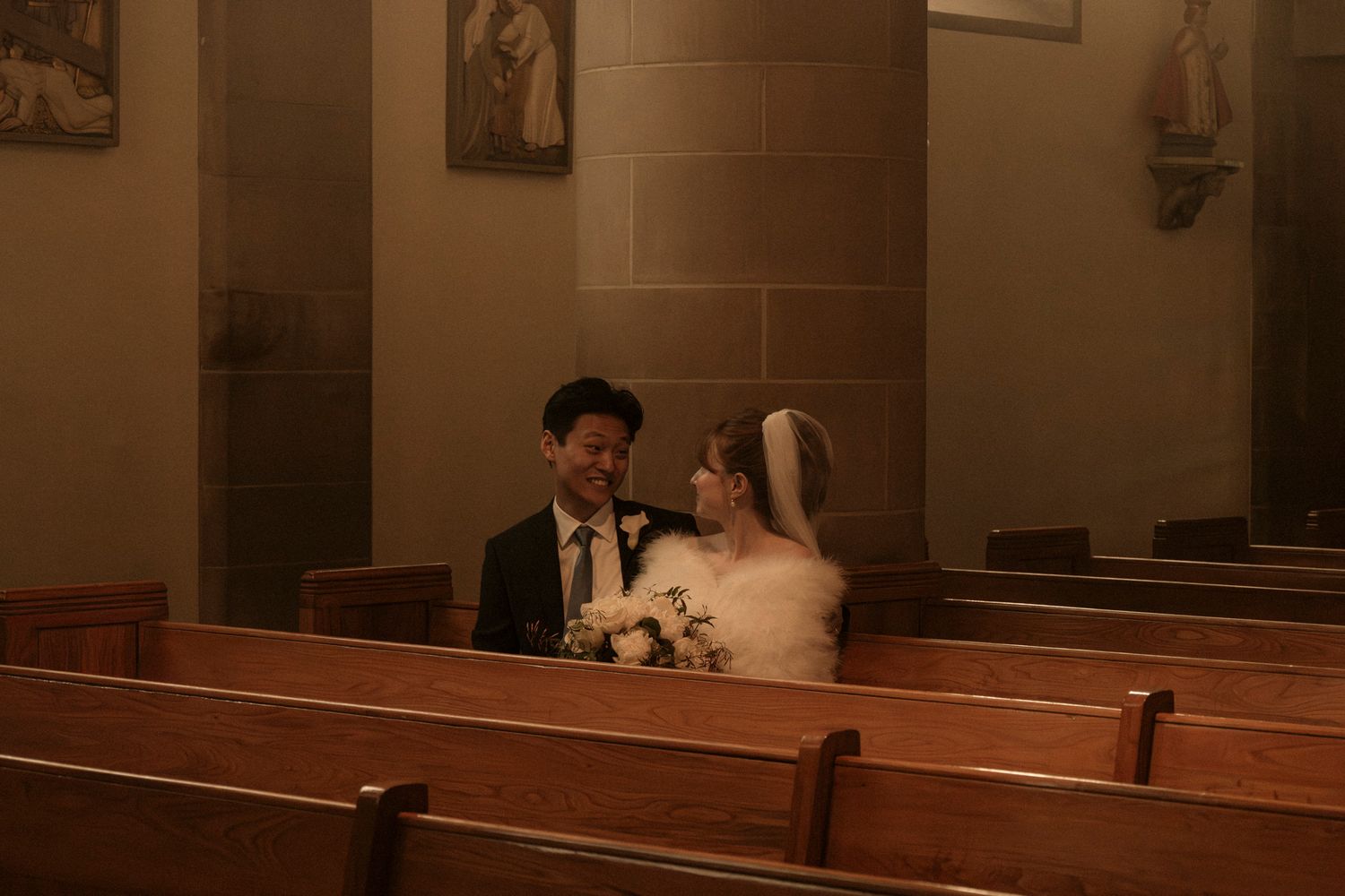 A sequence of photos showing a couple getting married in a traditional church with wooden pews.