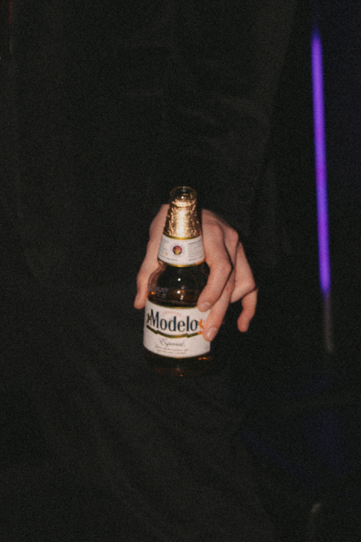 Hand holding a bottle of Modelo beer in a dark setting with purple lighting in the background.