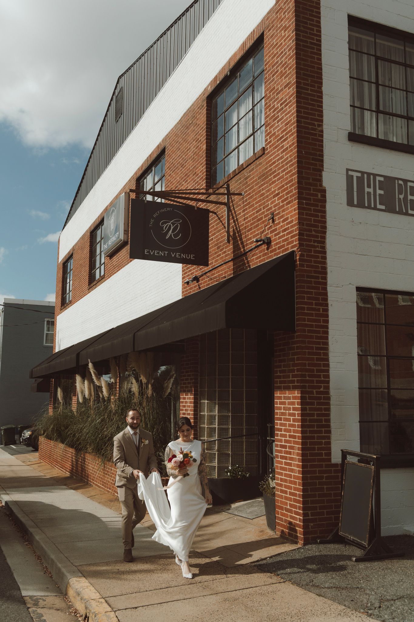 A sequence of wedding photos showing a couple outside a modern brick building with white accents.
