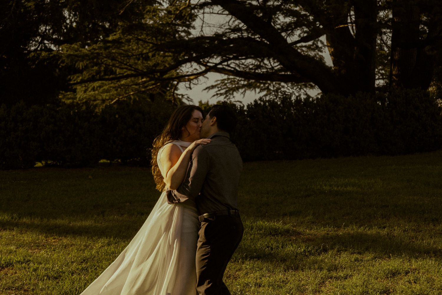 A couple shares a romantic kiss in a sunlit garden, the bride in a flowing white gown embraced by her groom.