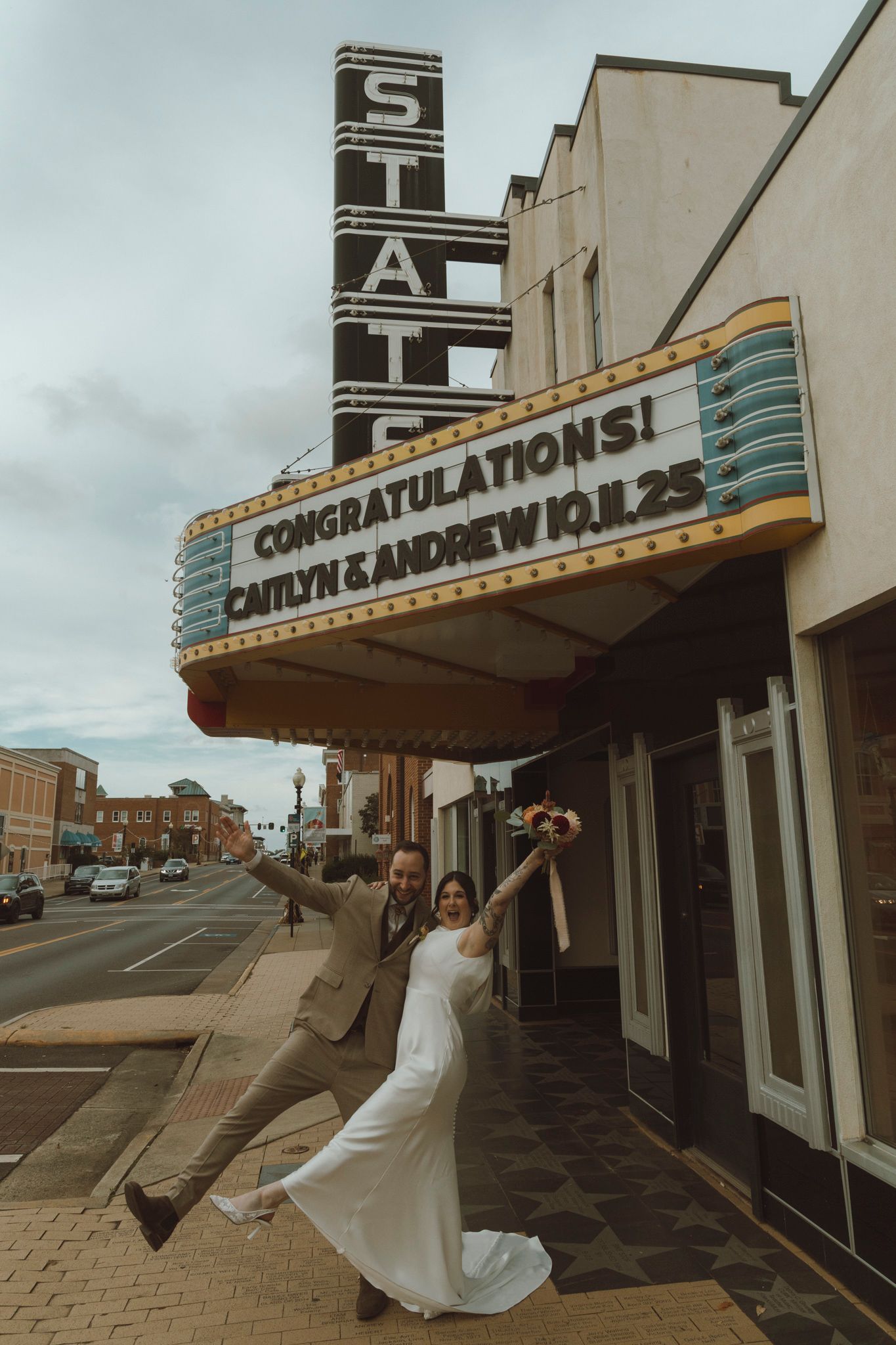 A series of four photos showing a bride in a white dress posing playfully outside a vintage theater marquee.