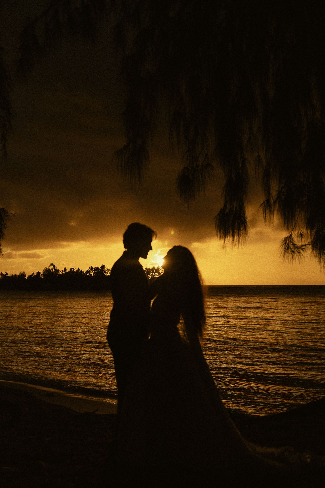 Romantic silhouette of a couple standing by the ocean at golden sunset with tropical trees framing the scene.
