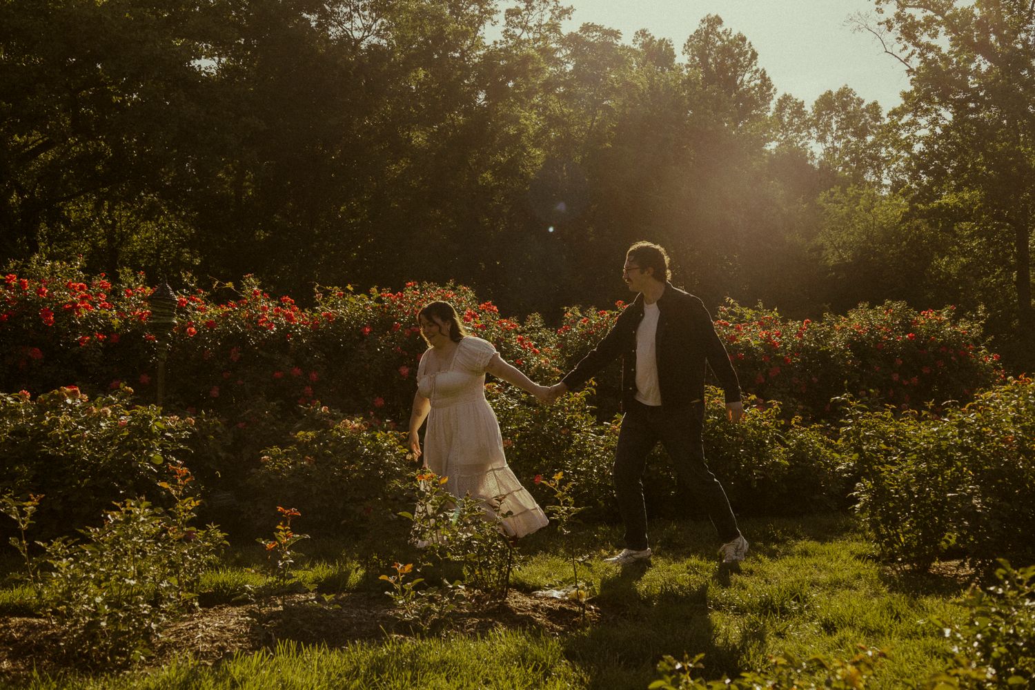 Couple holding hands running through a sunlit rose garden with lush green trees and golden hour light.