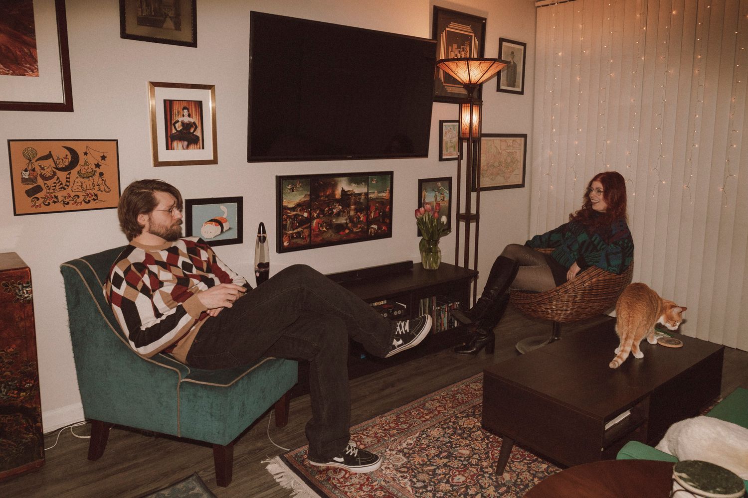 A sequence of photos showing people lounging on couches in a cozy living room with framed artwork on the walls.