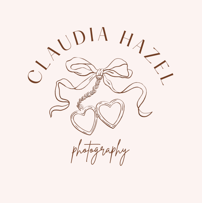 Elegant photography logo design with a brown bow ribbon and heart motif in a minimalist curved text layout.