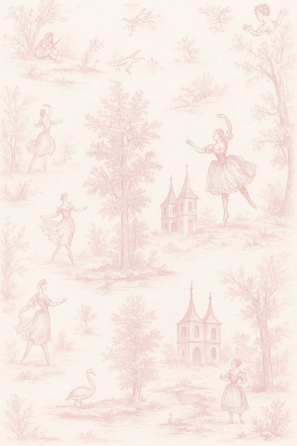 A delicate pink and white toile pattern featuring pastoral scenes with houses and figures in a vintage French style.