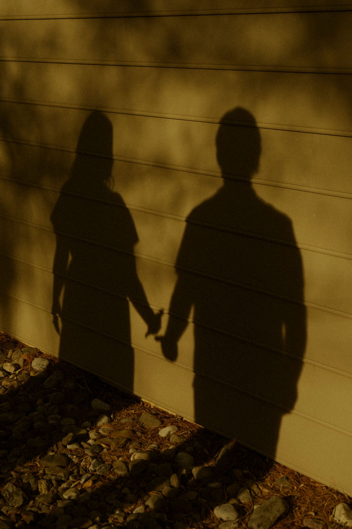 Shadows of a couple holding hands cast on a golden wall with rocks on the ground.