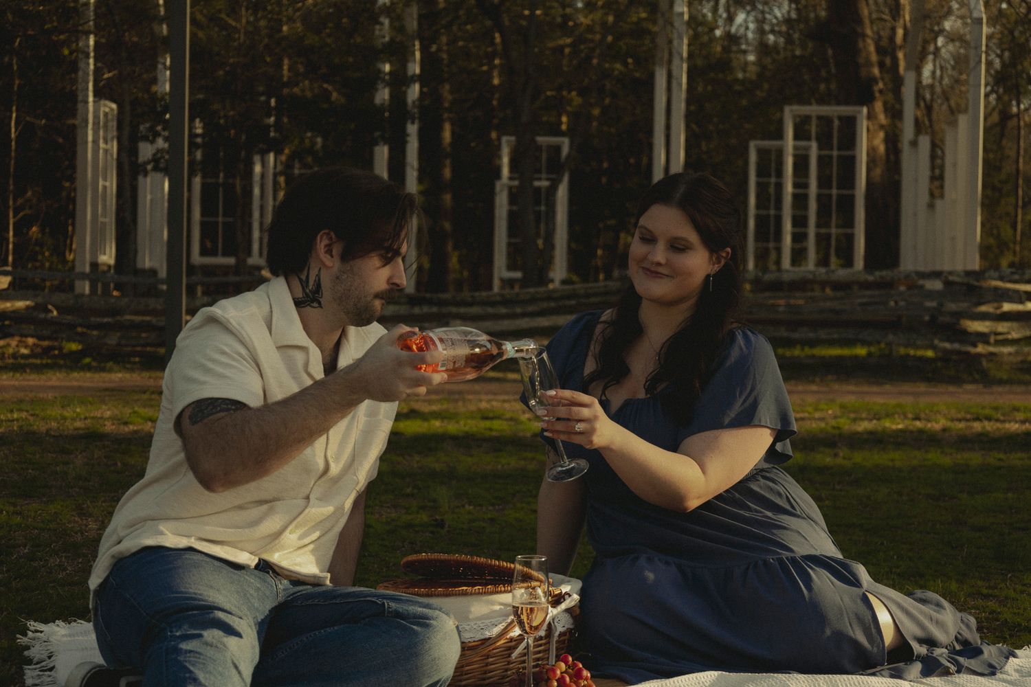 Couple enjoying a romantic outdoor picnic, toasting wine glasses on a blanket in a scenic park setting.