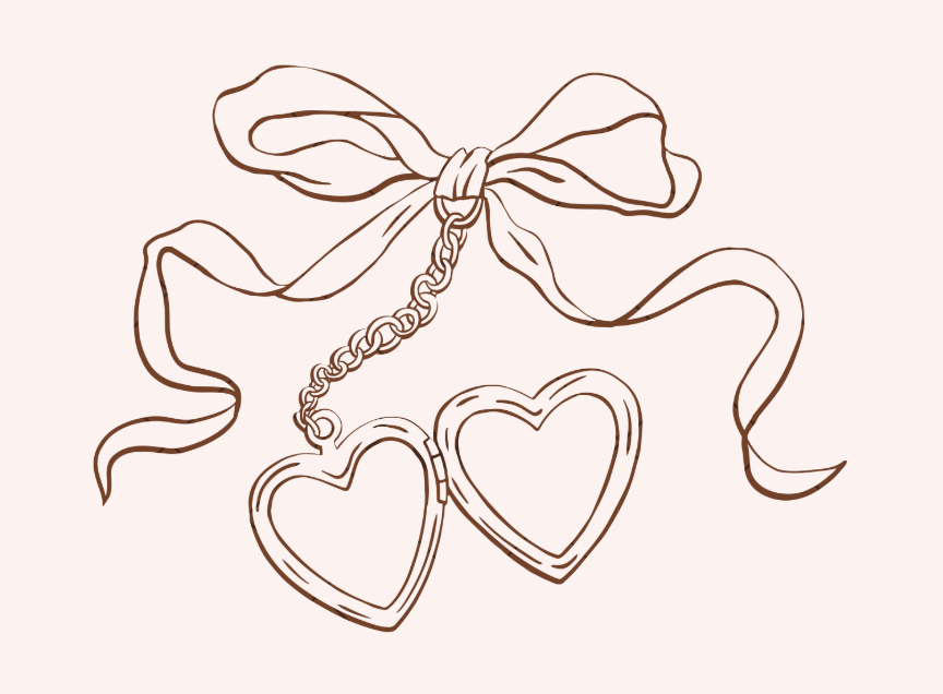 Hand drawn decorative ribbons and bows in simple line art style against a light pink background.