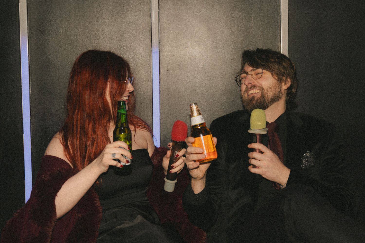 A sequence of dark party photos showing people drinking and socializing in a dimly lit space.