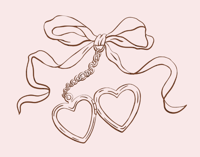 Delicate line drawing of two heart-shaped lockets connected by a twisted chain with an elegant bow on top.