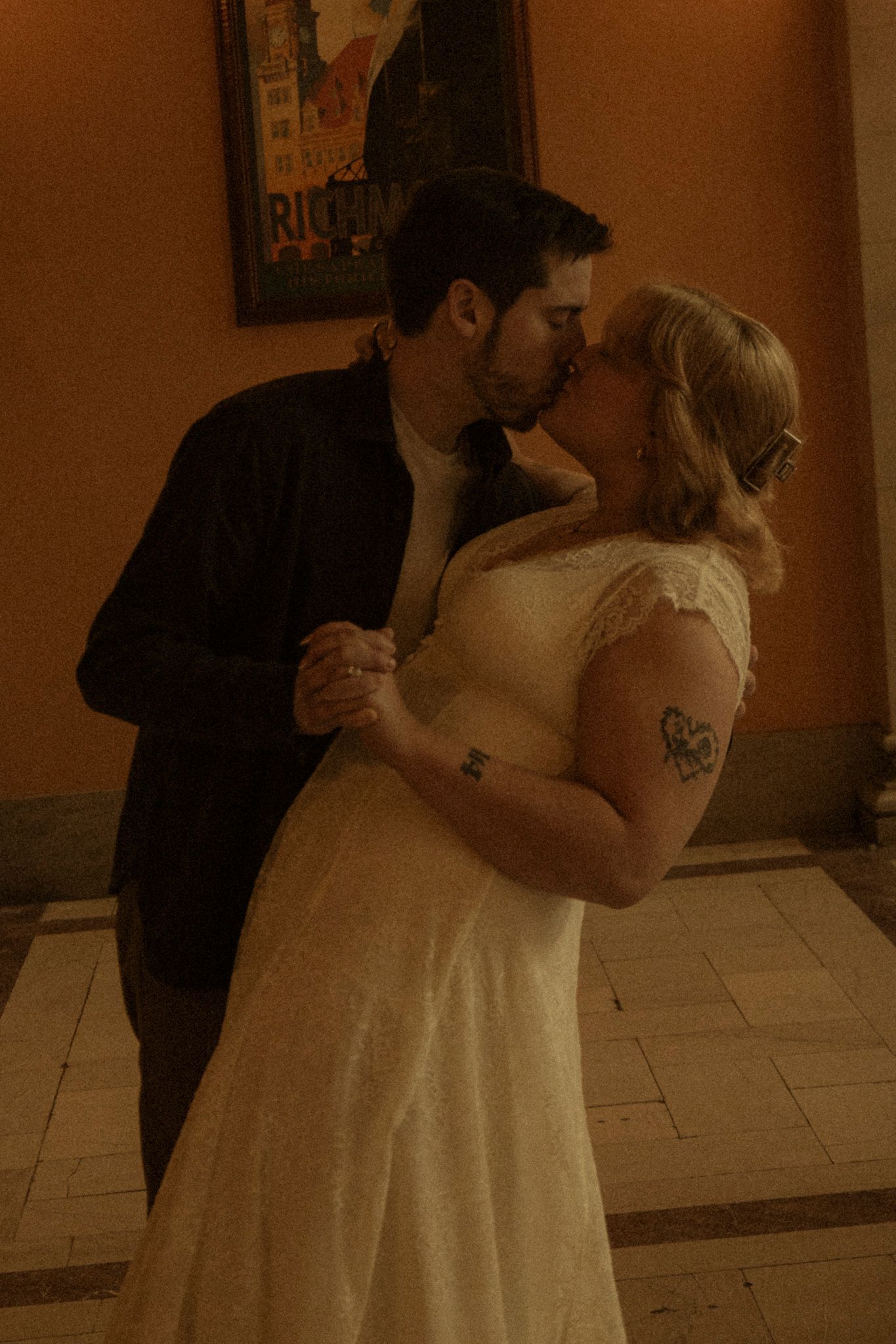 A romantic sequence of wedding dance photos showing a couple embracing and dancing together on a tiled floor.