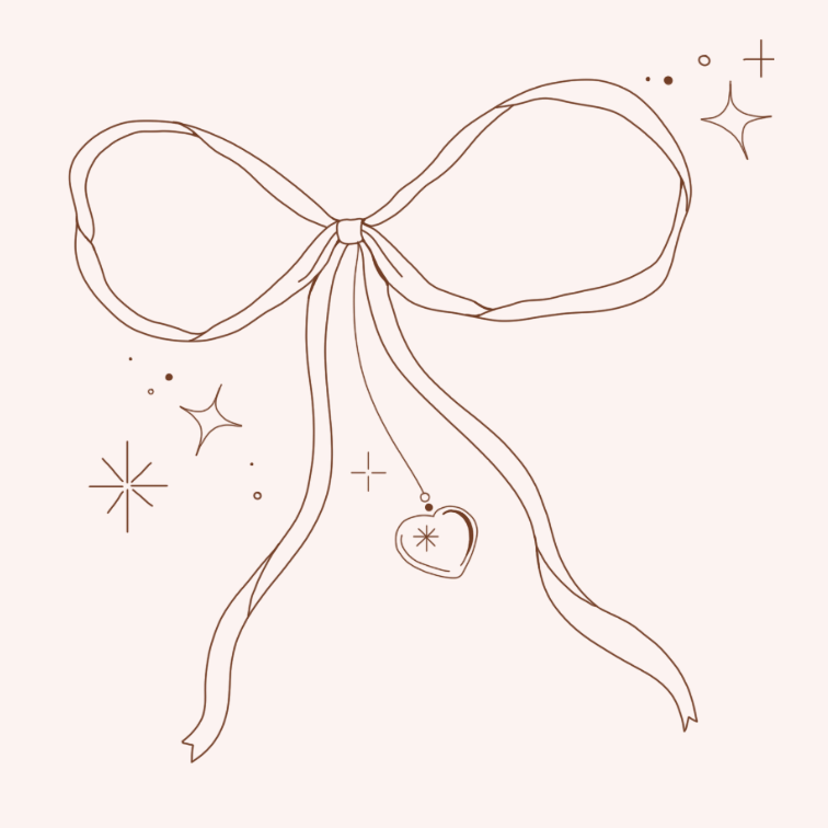 Simple hand drawn illustration of stars and bows inked in delicate line art style.