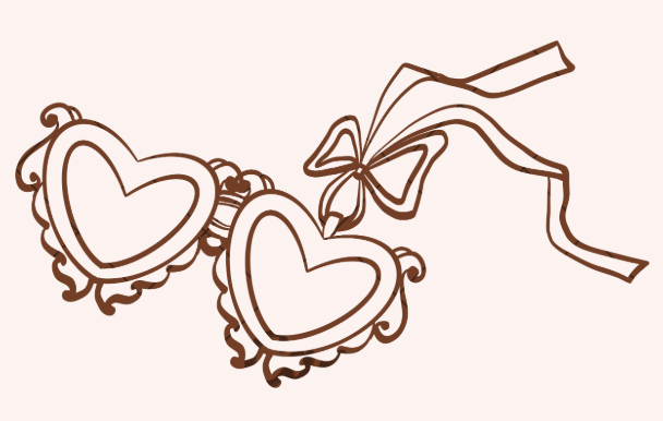 Simple line drawing of decorative heart-shaped lace eye mask with ribbons on pink background.