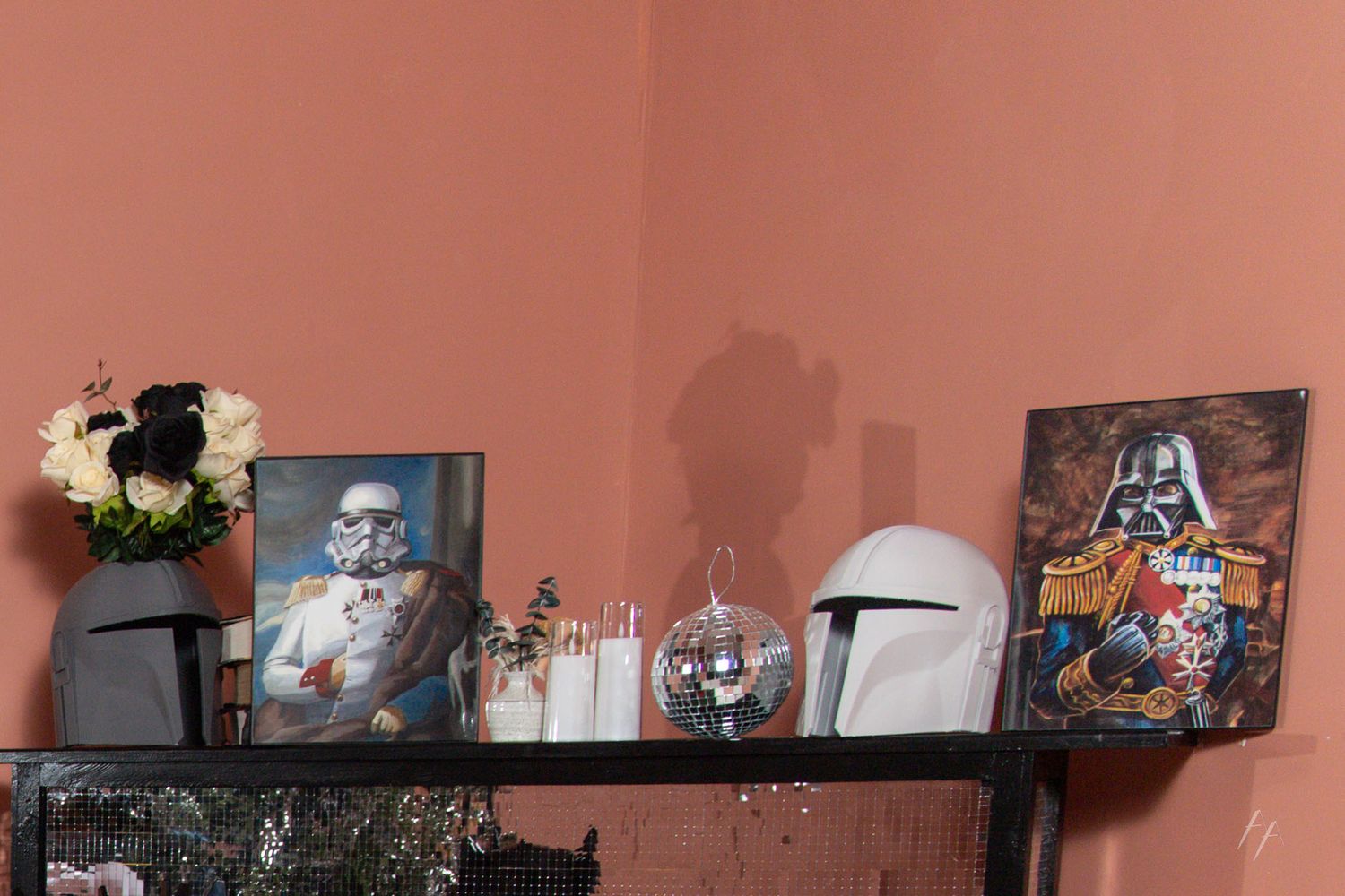 Star Wars Holiday Portraits with disco ball, darth vader, mandalorian and flowers
