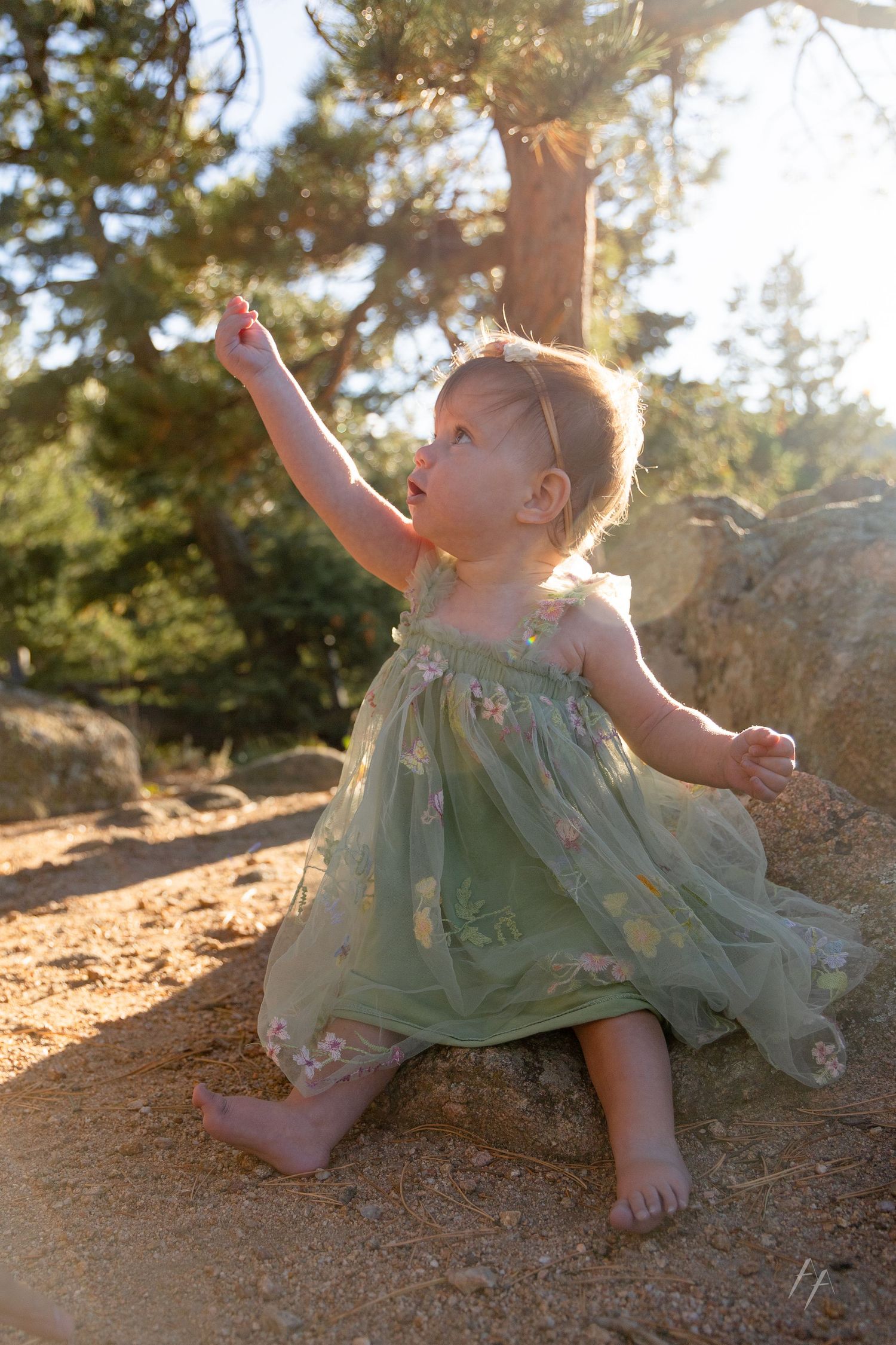 A small child in a mint green dress reaches up toward sunlit trees while sitting on rocky ground outdoors.