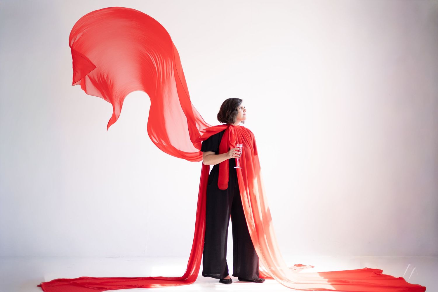 A flowing red fabric creates dramatic motion against a white background in a series of artistic photographs.