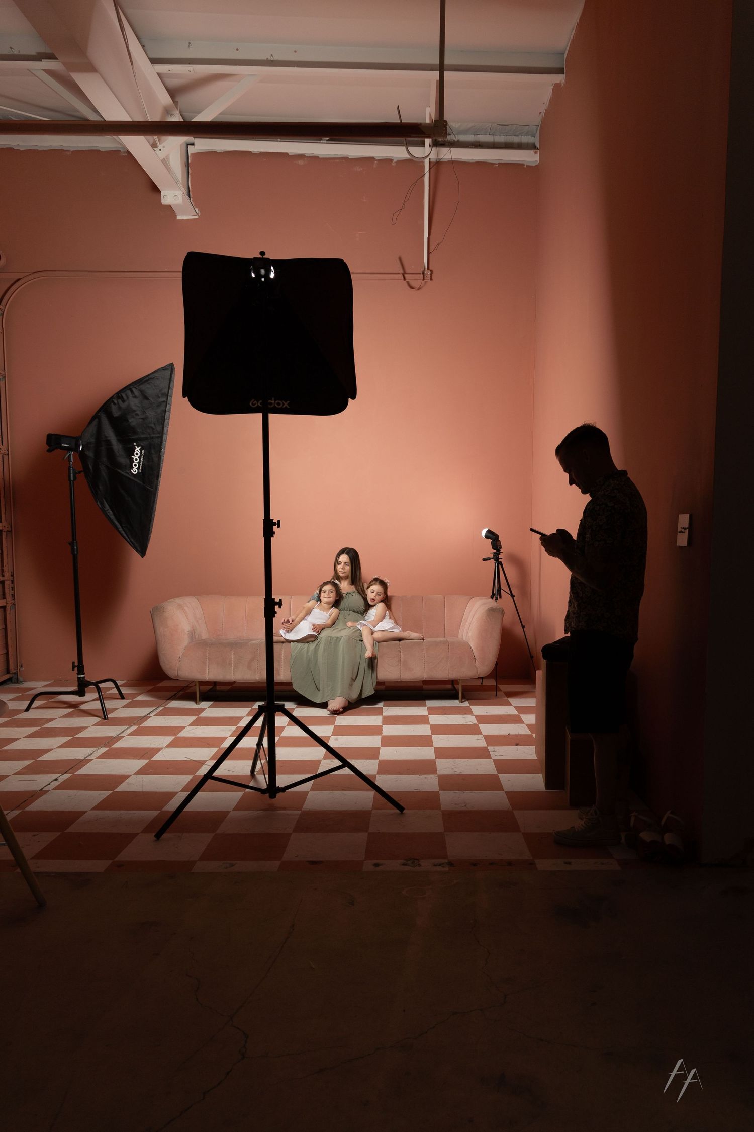 Behind-the-scenes photo sequence showing a professional photography studio setup with lighting and checkered floor.
