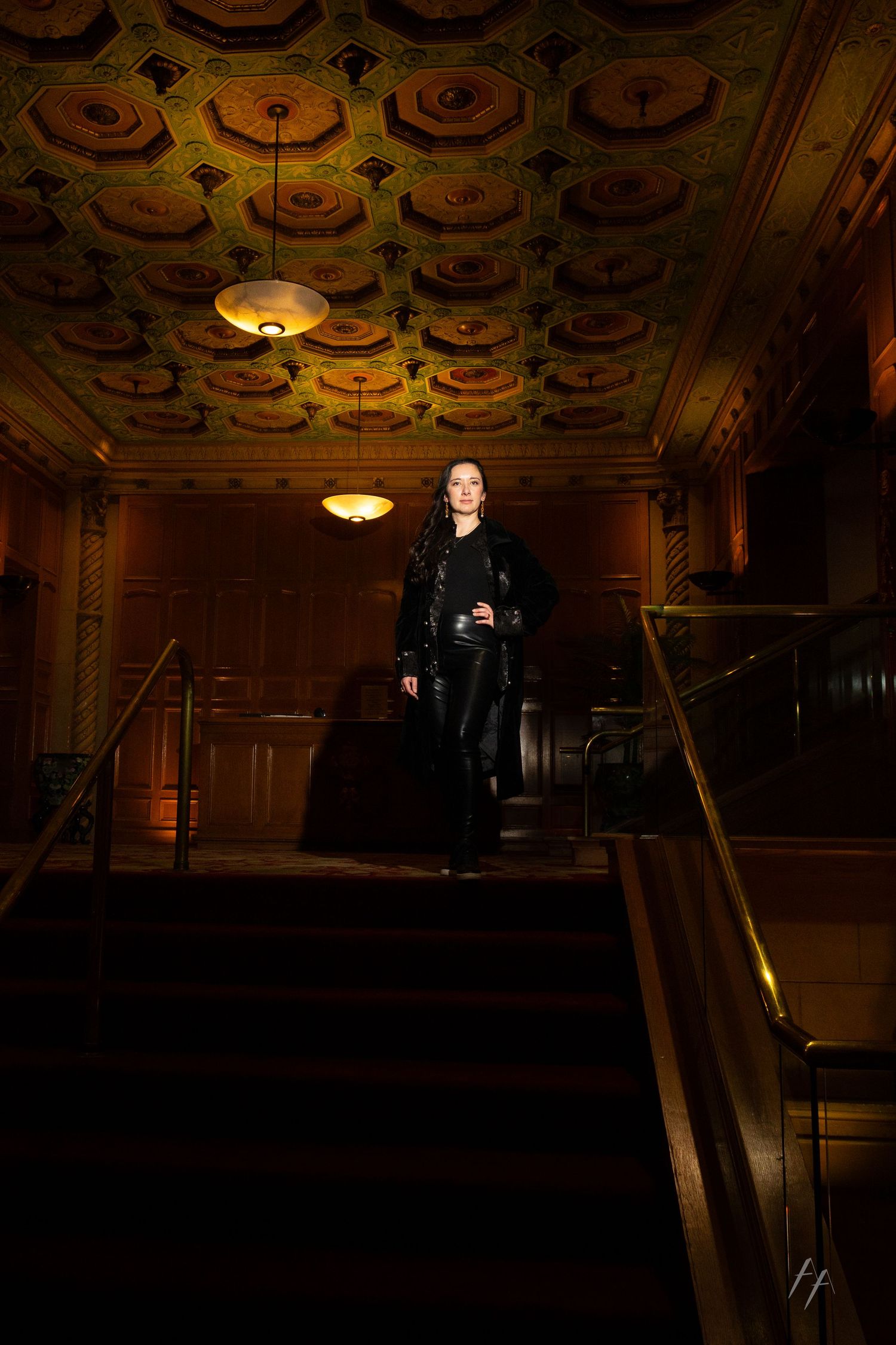 A dark theater stage with ornate ceiling details and dramatic lighting illuminates a figure in black performing.