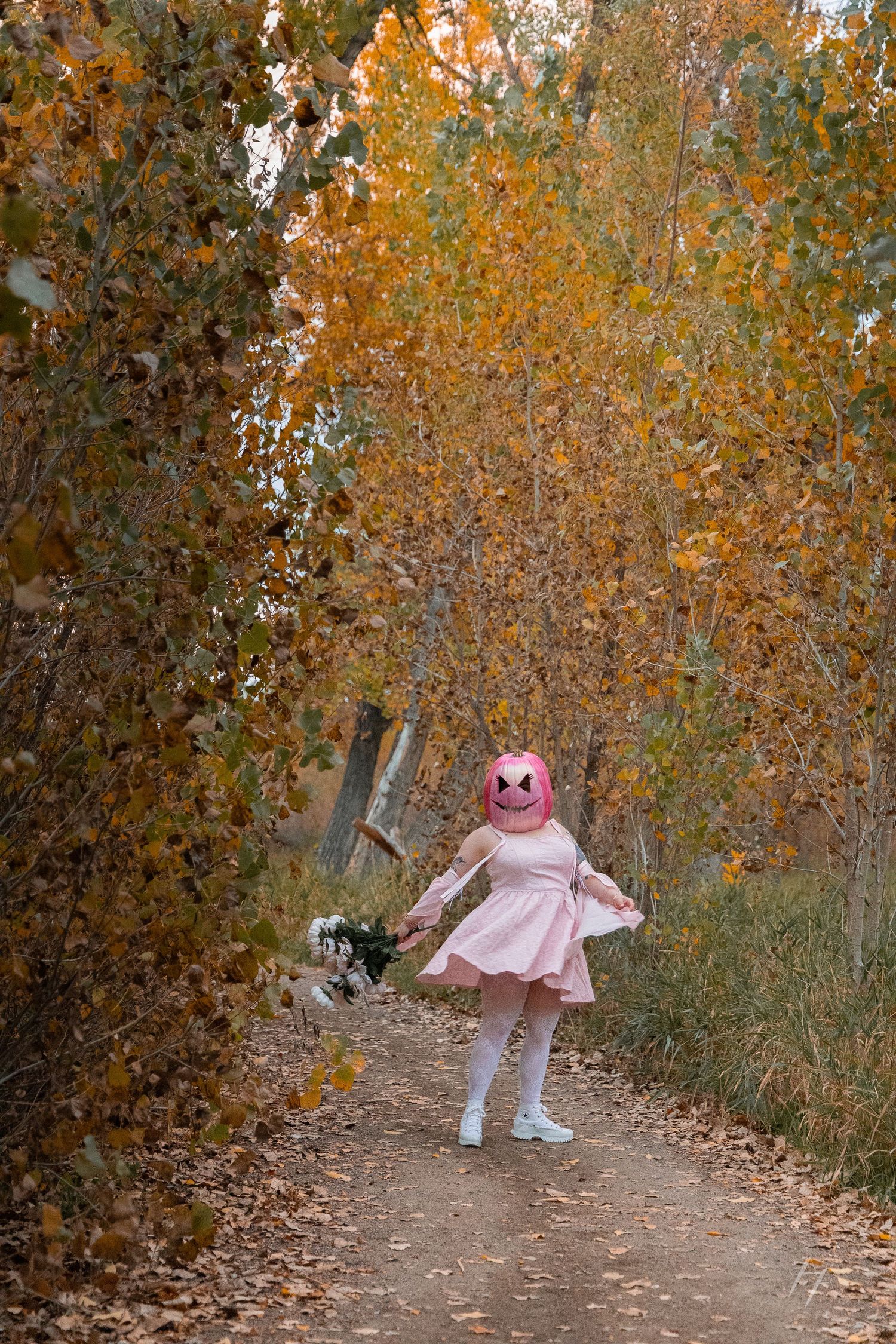 A figure in a pink dress and mask poses on a path surrounded by golden autumn foliage. Broomfield Colorado