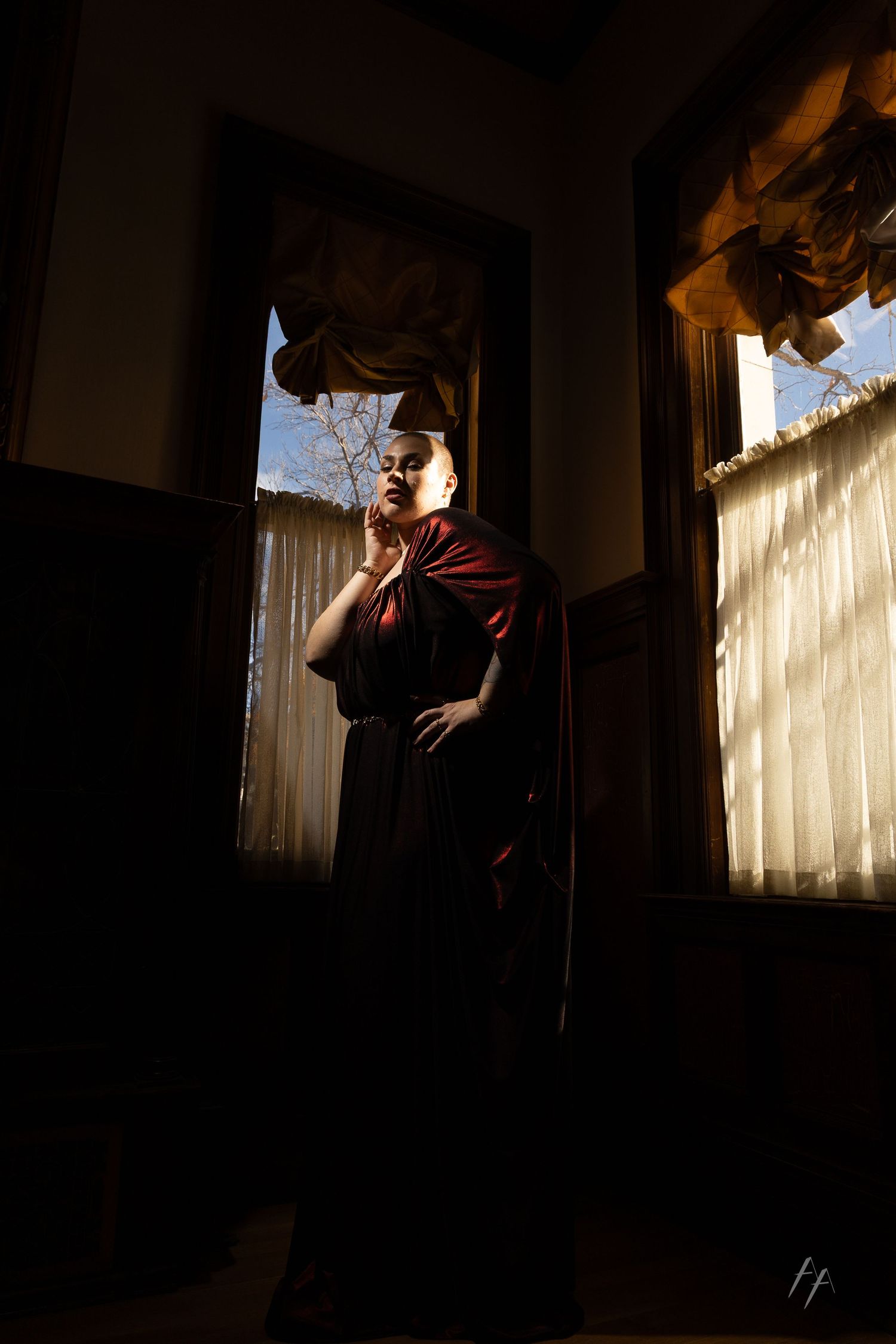 Silhouetted figure poses dramatically against sheer curtains in moody lighting.