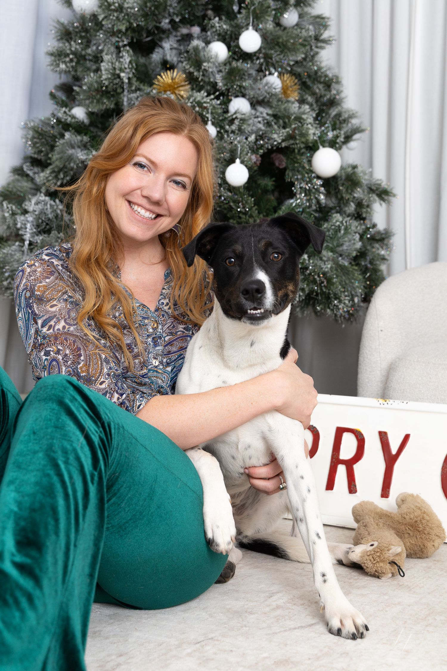 A woman in green dress poses with a black and white dog in front of a Christmas tree for holiday photos.