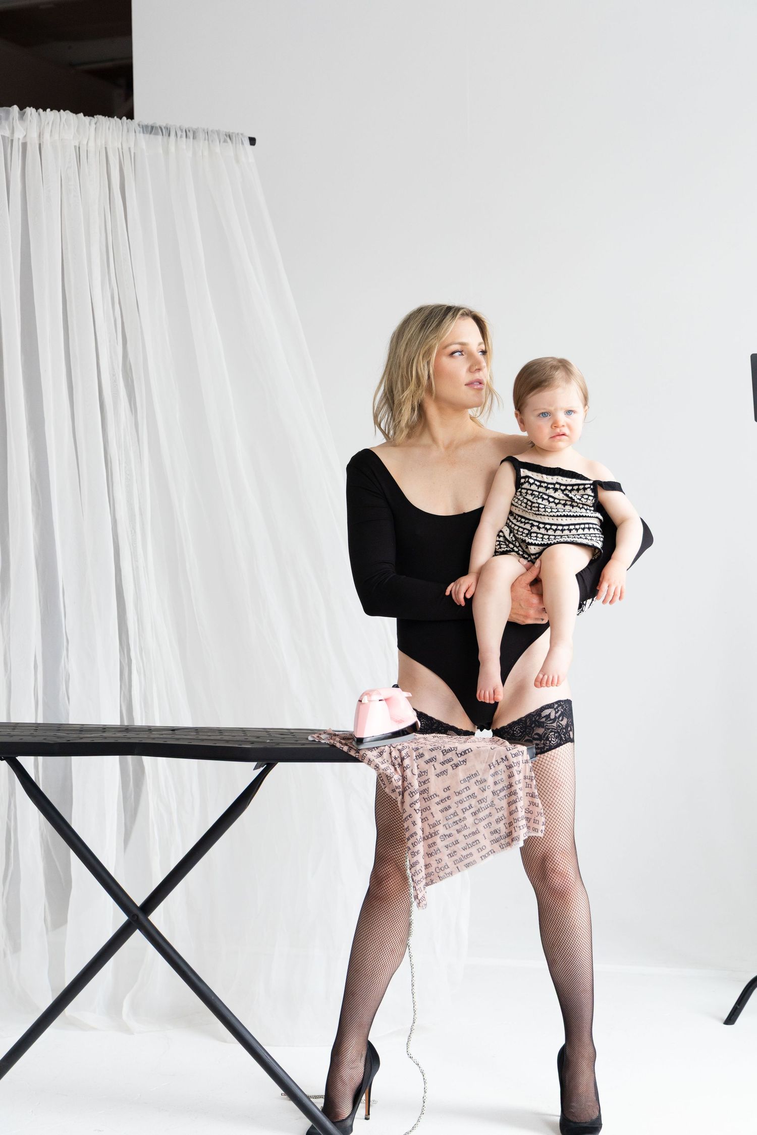 A series of minimalist fashion photos showing poses against a white backdrop with black geometric furniture pieces.