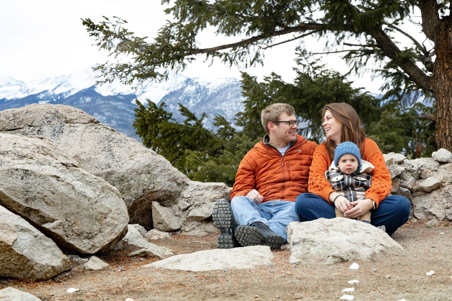 Sequence of photos showing hikers resting on rocky terrain with mountain views and scenic landscapes in the background.