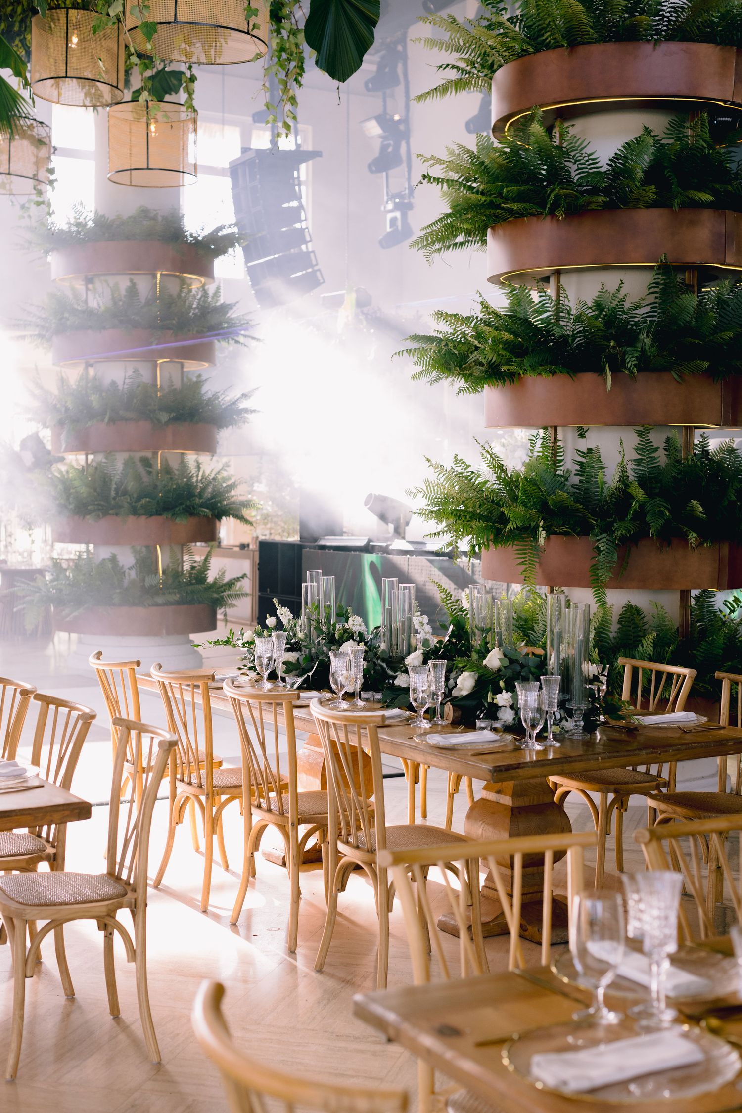 Bright and airy restaurant interior with wooden chairs, tables, and hanging plants creating a natural ambiance.