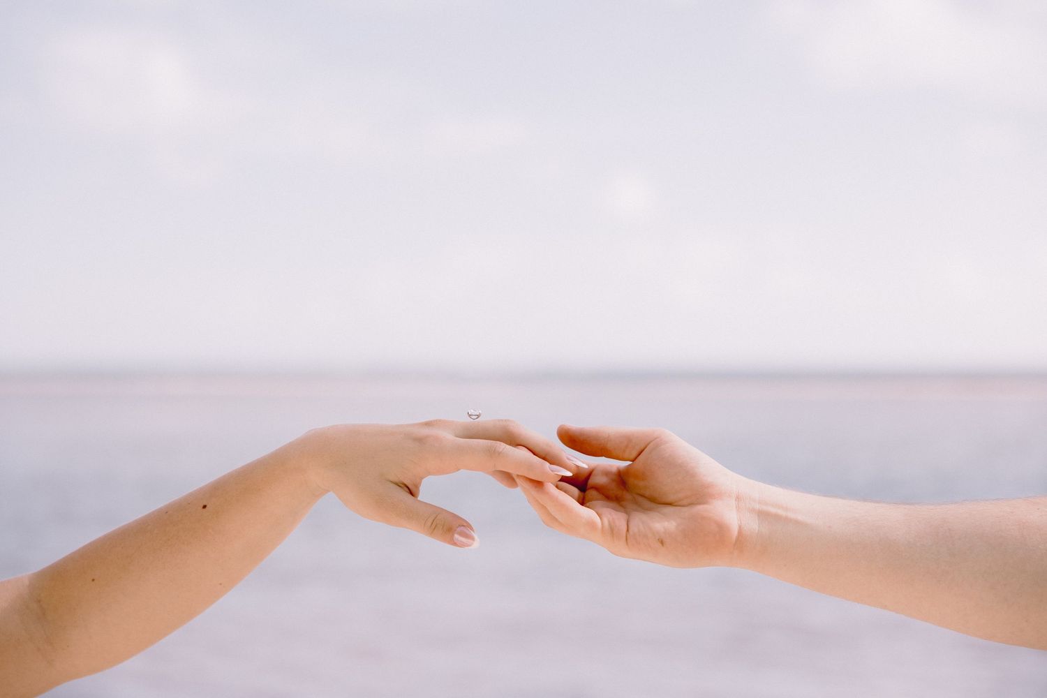 A series of hands reaching out and connecting against a soft white background, symbolizing unity and connection.