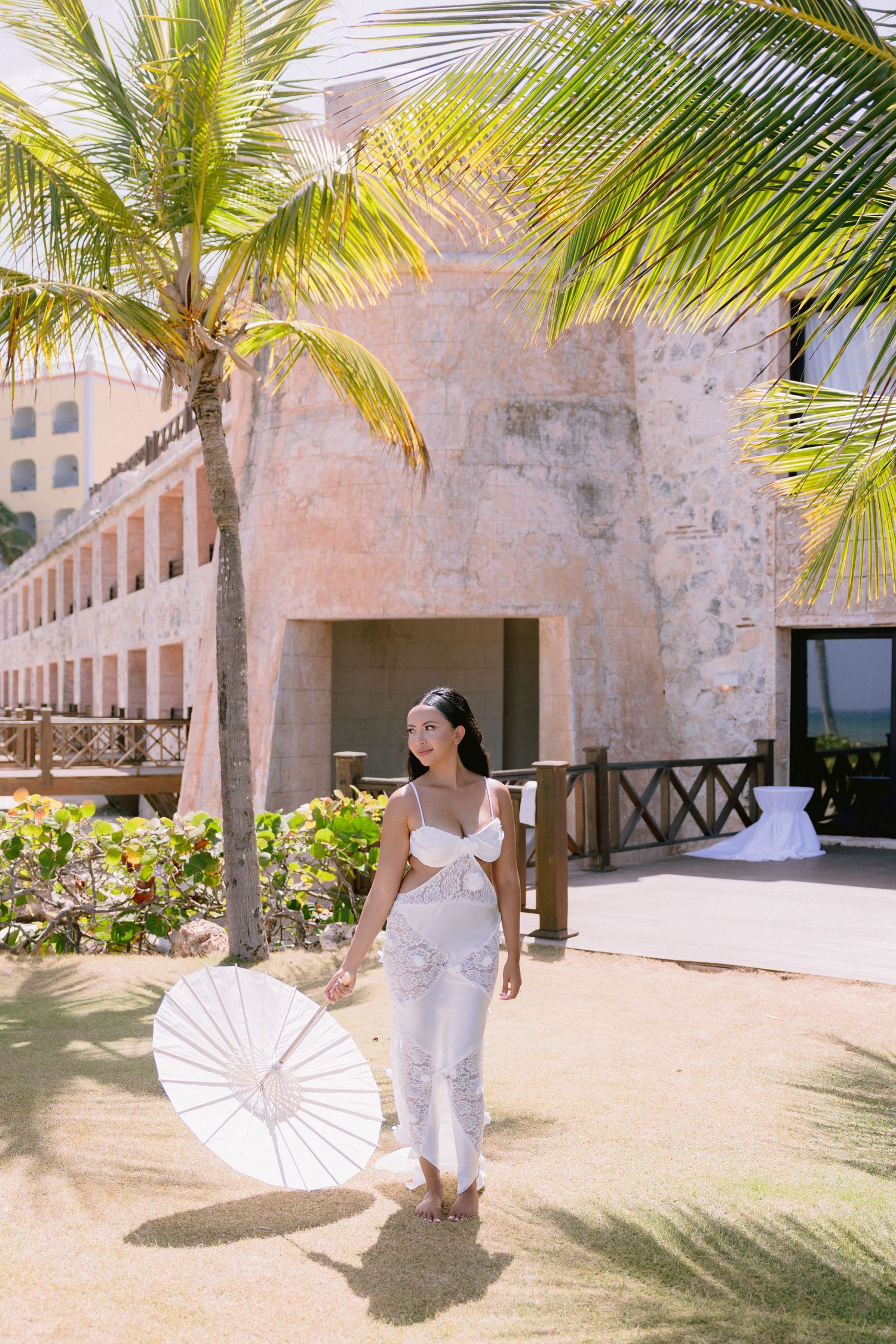 Elegant bridal portrait featuring a wedding gown and veil photographed at a Punta Cana destination wedding.