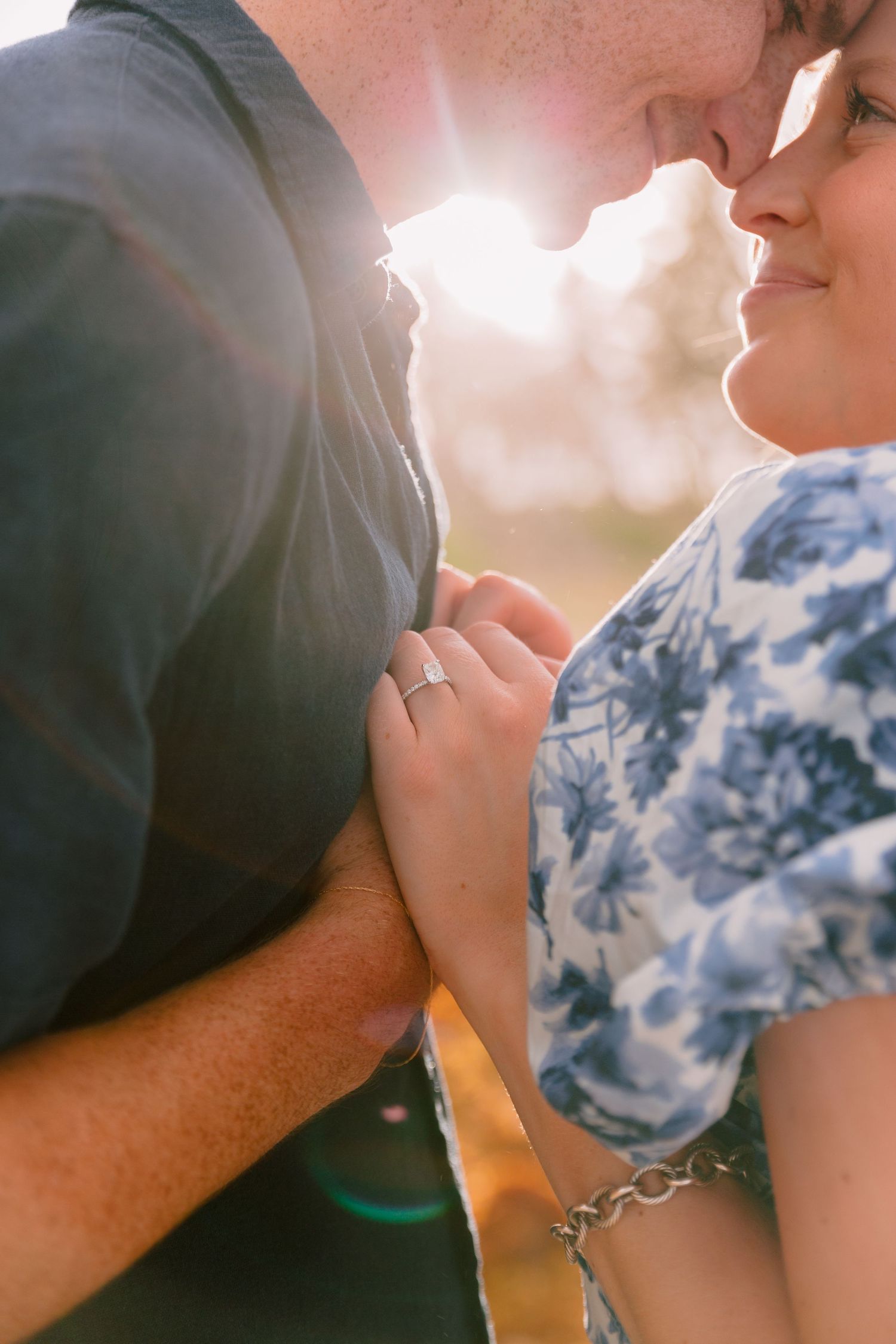 A series of cropped photos showing two people holding hands in warm sunlight, with one wearing a tie-dye blue shirt.
