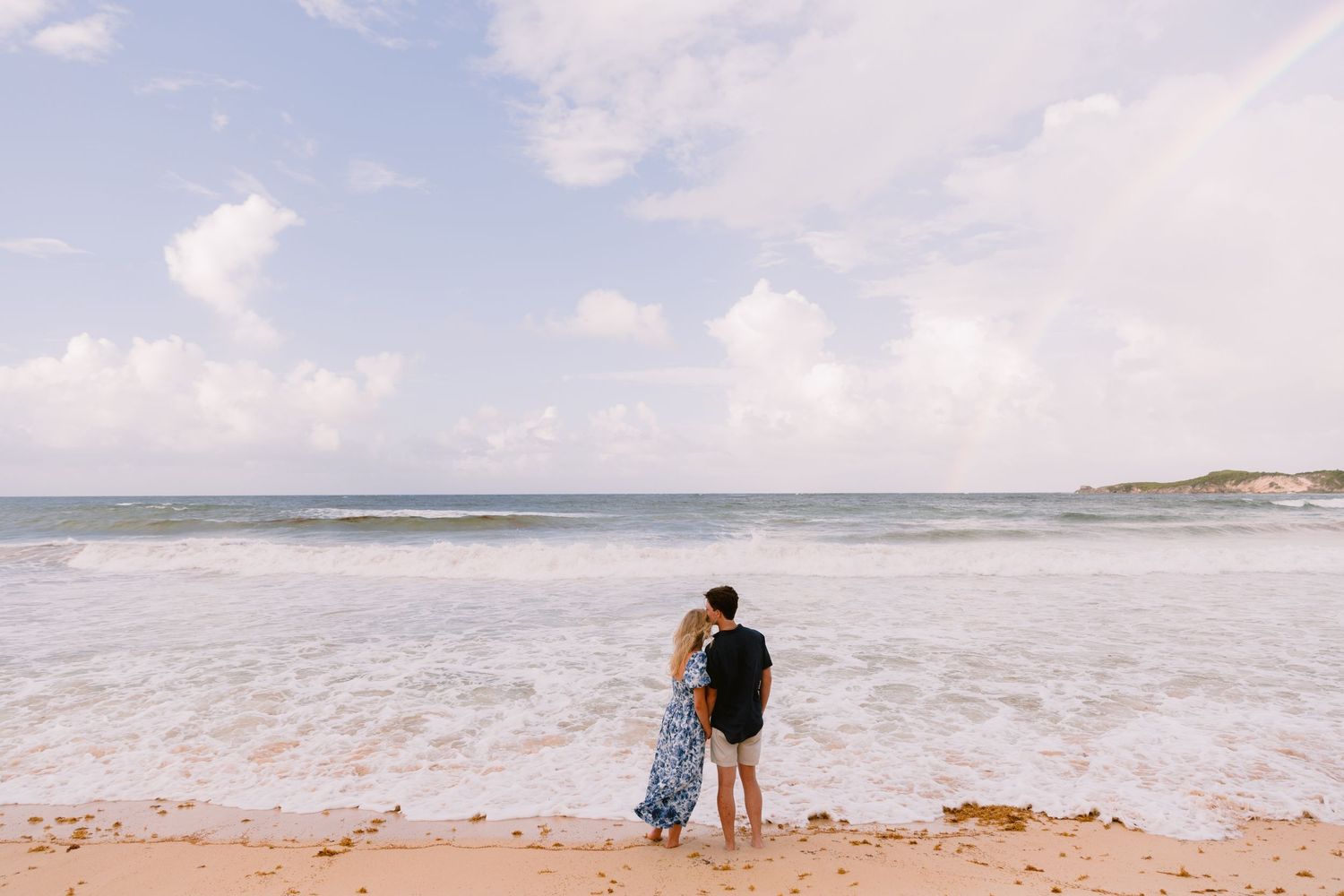 A series of serene beachside images showing waves, sand, and figures walking along the shoreline during a cloudy day.