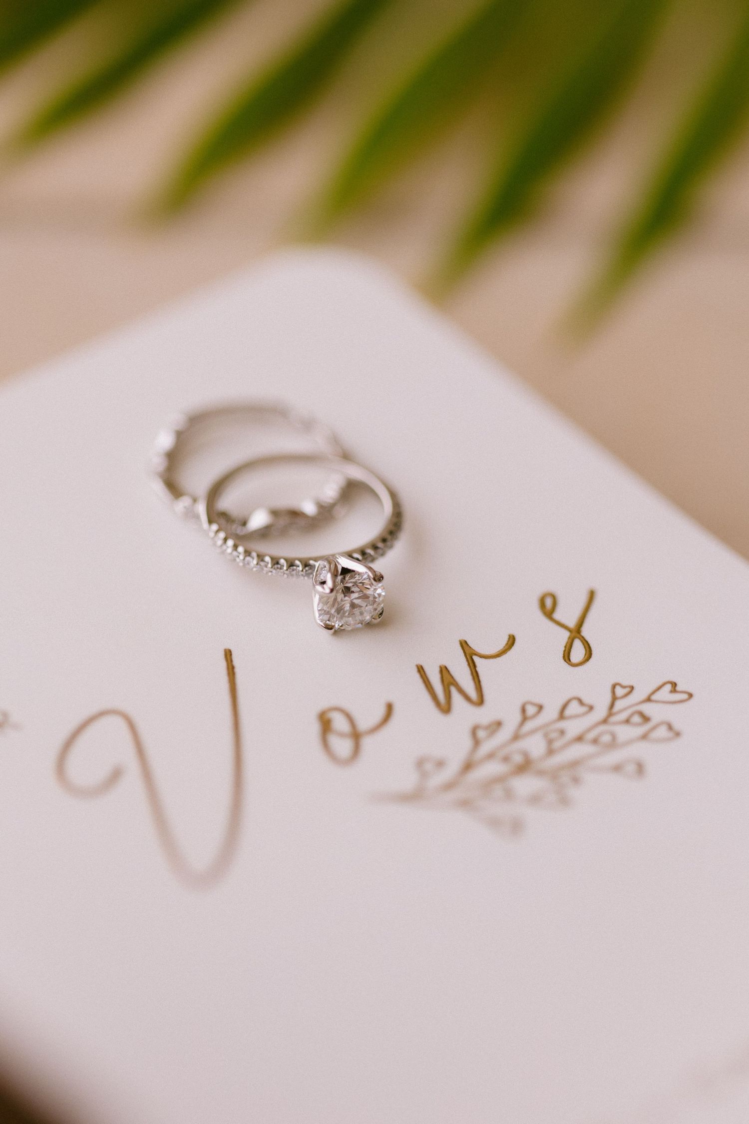 Wedding rings resting on a white card with gold 'Vows' text and floral design, with palm leaves in background.