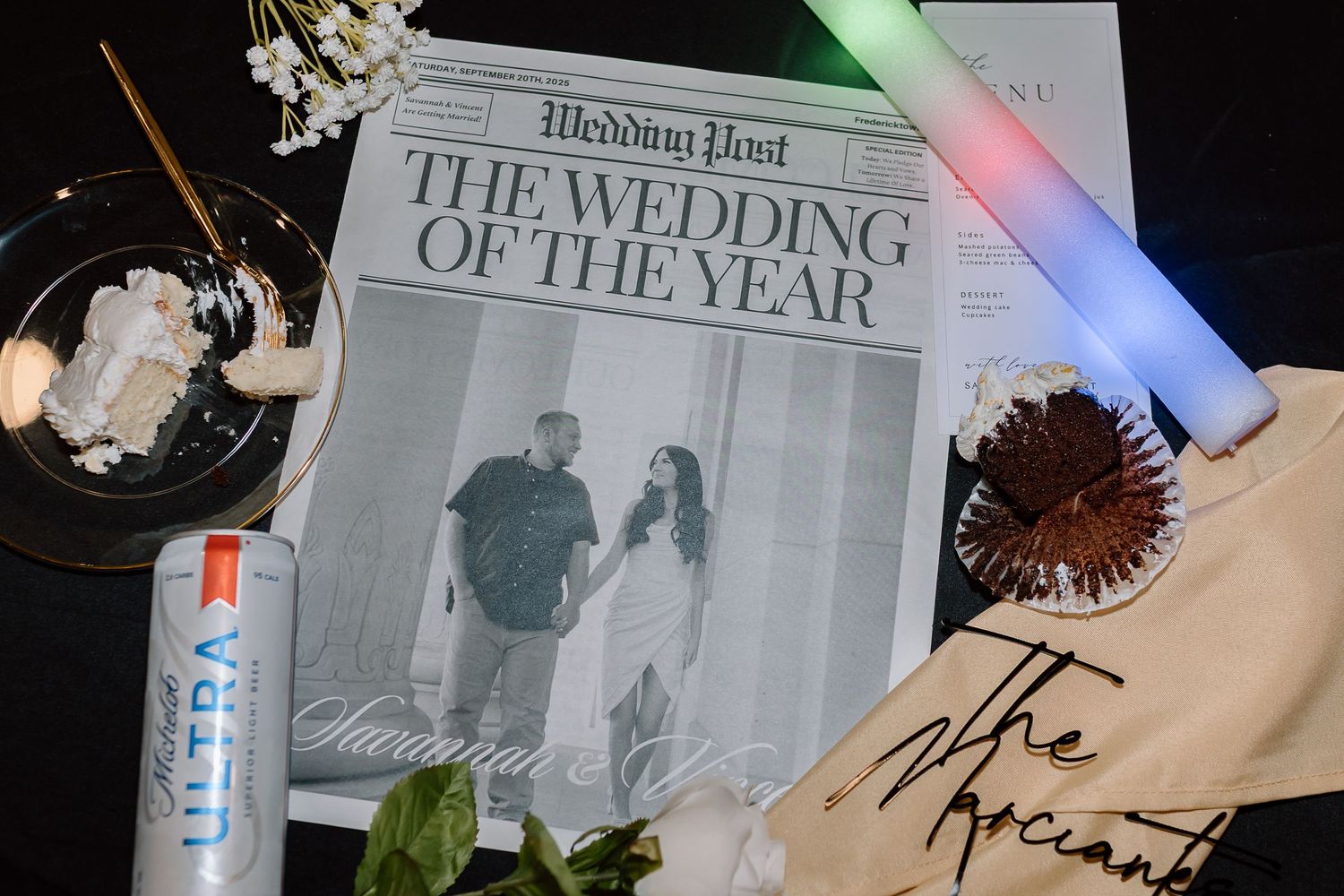 A collage of newspaper clippings and photos with colorful lighting effects and text overlays.