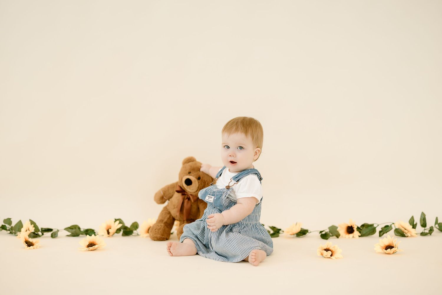 A series of milestone baby photos showing growth progression with stuffed animals and numbered blocks on a beige background.