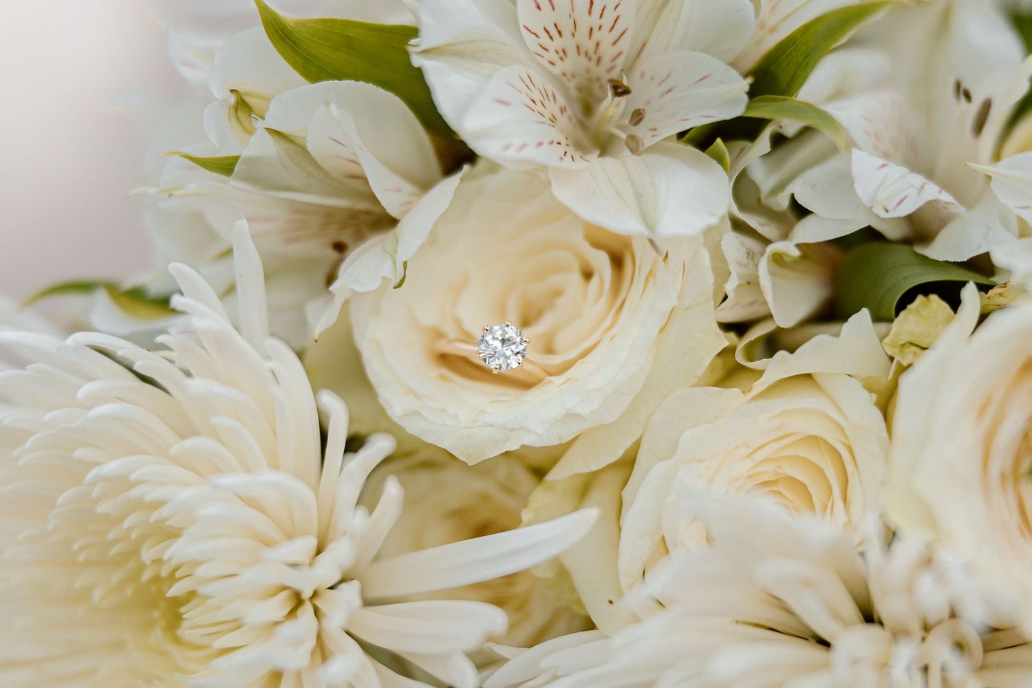Close-up view of delicate white roses and small stephanotis flowers in an elegant floral arrangement.