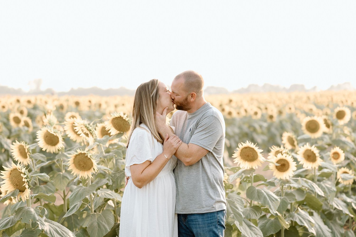 A romantic couple embraces in a golden sunflower field at sunset creating a dreamy summer portrait.