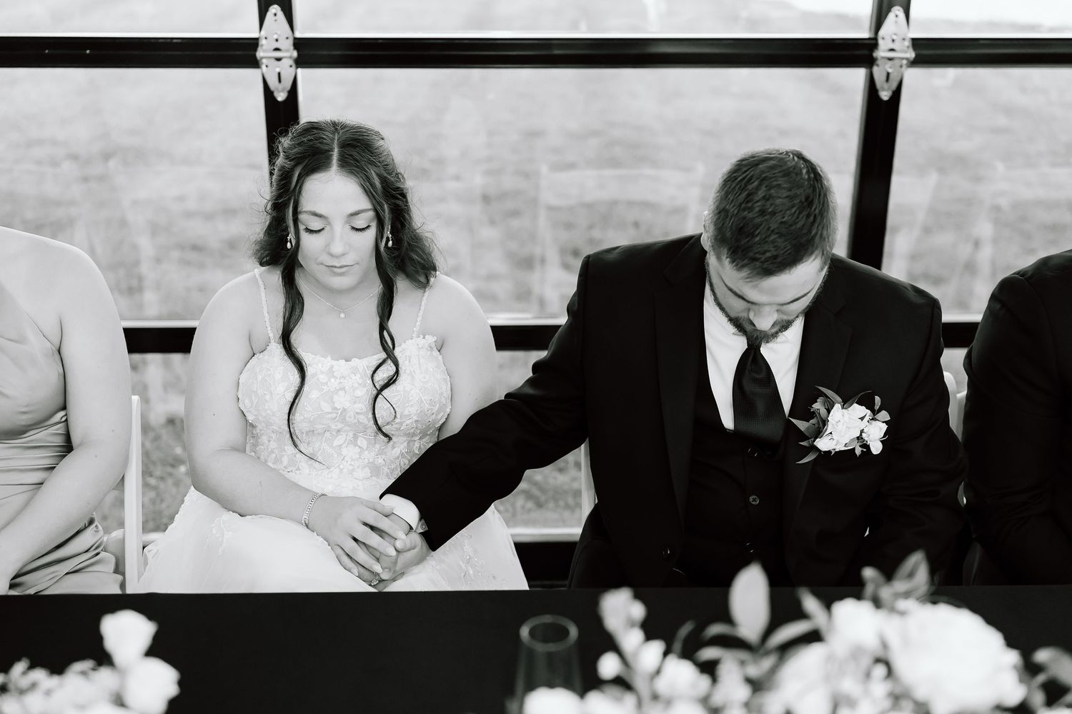 Black and white wedding photos showing couples signing marriage documents and celebrating their special moments.