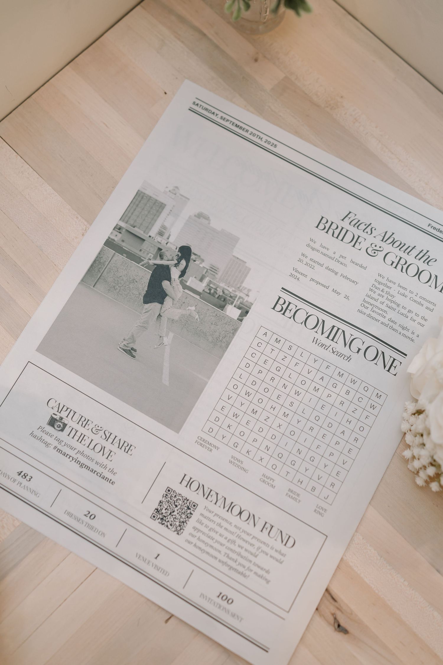 Multiple pages of a wedding invitation suite laid out on a light wooden surface with delicate details and text visible.