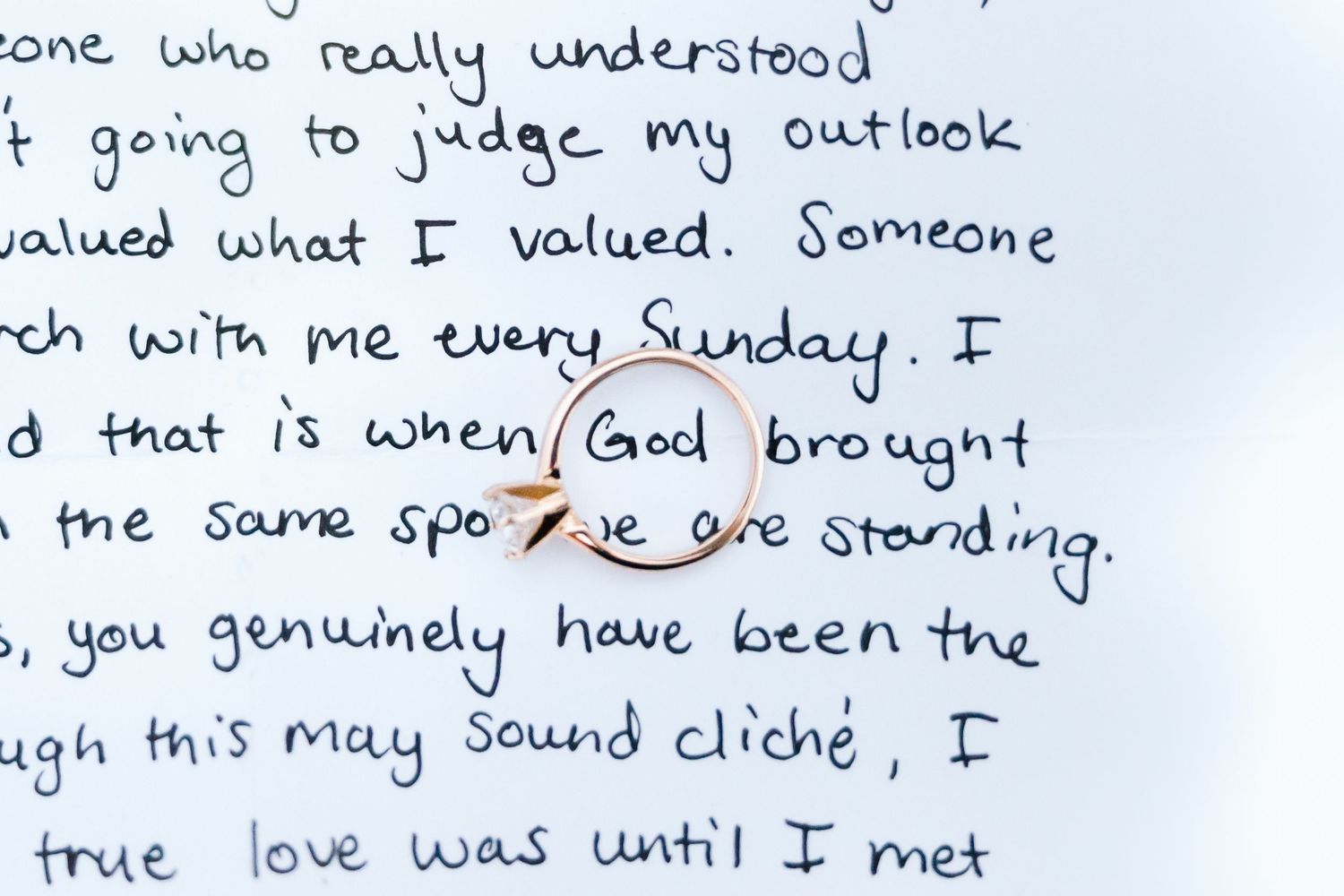 Handwritten text fragments on white paper showing partial sentences and personal notes.