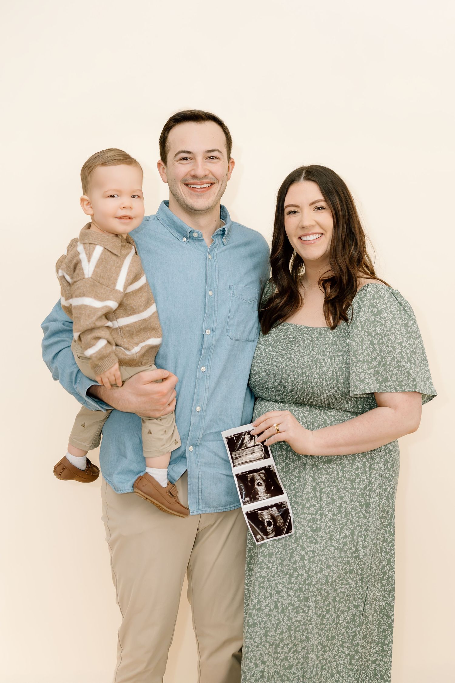 A series of pregnancy announcement photos showing a couple in blue and green holding a baby and ultrasound pictures.