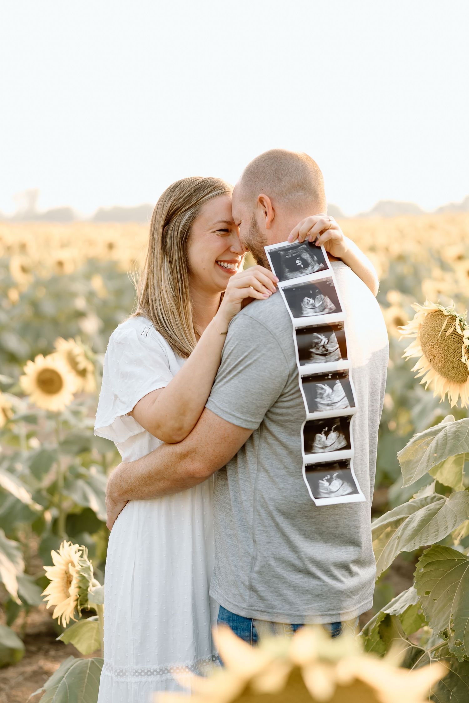 A couple shares a romantic moment in a sunflower field while holding ultrasound photos during a pregnancy announcement.