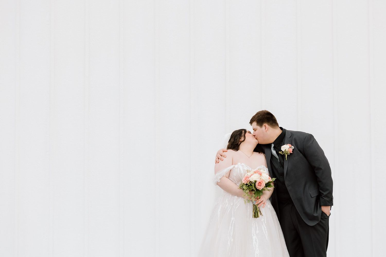 A romantic wedding photo collage showing intimate moments between a couple in formal attire against a white backdrop.
